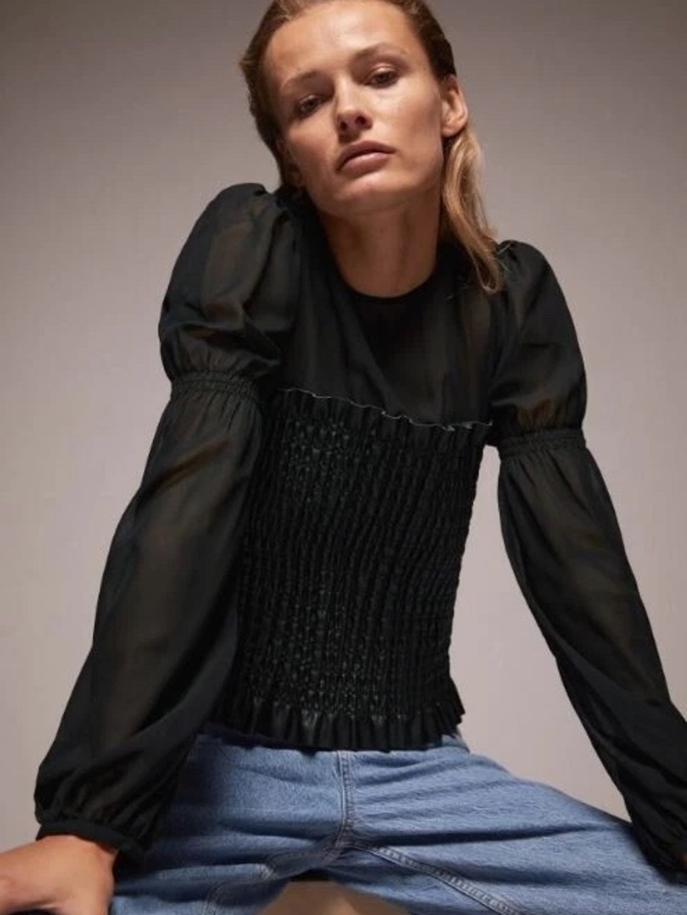 Zara Black Smocked Blouse with Sheer Long Sleeves - Picture 1 of 6
